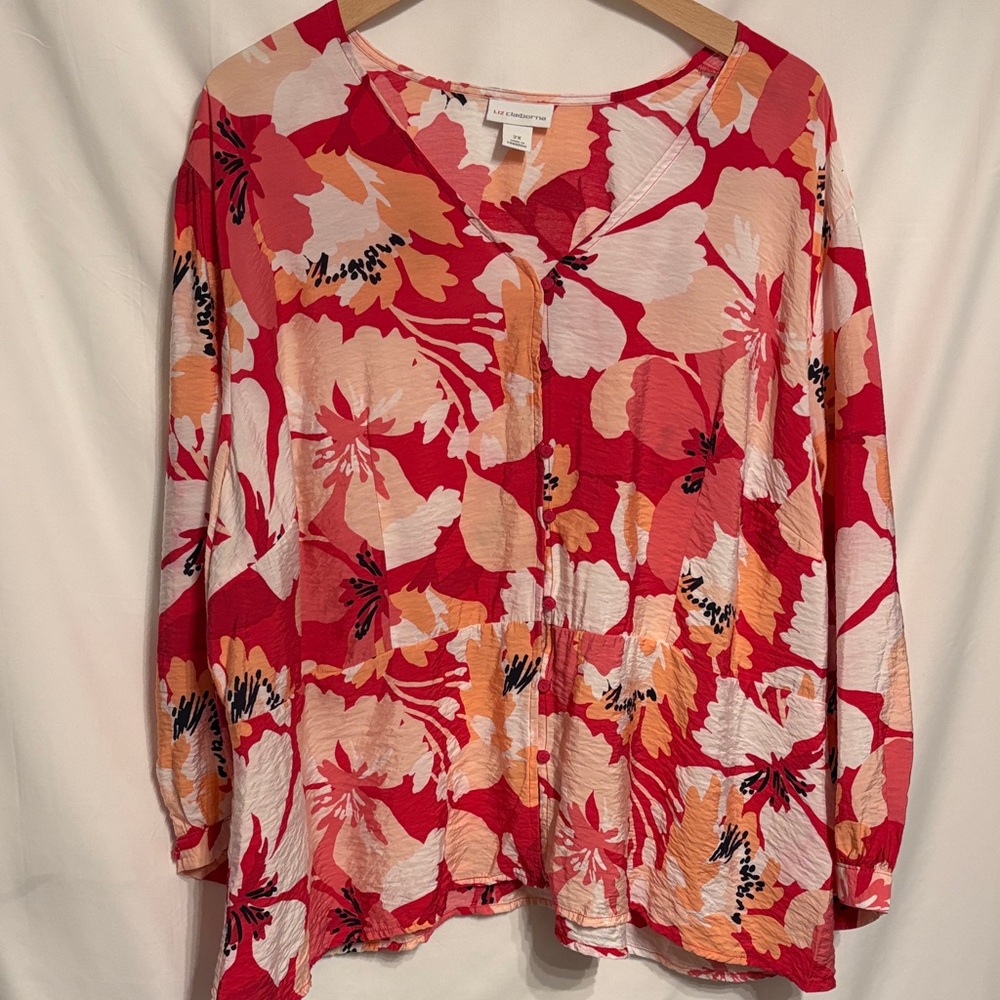 Liz Claiborne Pink Multi Floral V-Neck Button Front Blouse SZ 2X